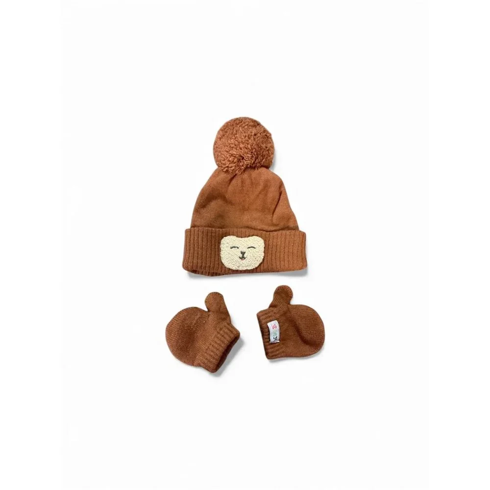 Newborn Brown Knit Pom-Pom Hat & Mittens‎ Set With Bear Patch